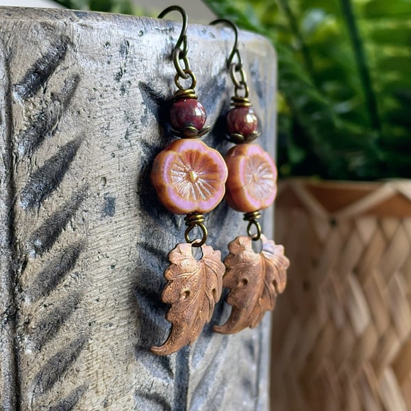 Rustic Autumn Leaf Earrings with Czech Glass Flowers & Copper Leaves 