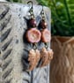 Rustic Autumn Leaf Earrings with Czech Glass Flowers & Copper Leaves 
