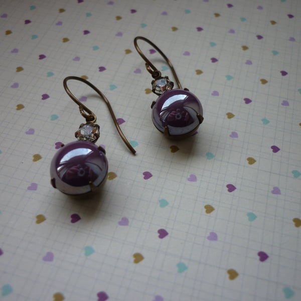PLUM ORCHID & CRYSTAL PATINA BRASS EARRINGS.  1021