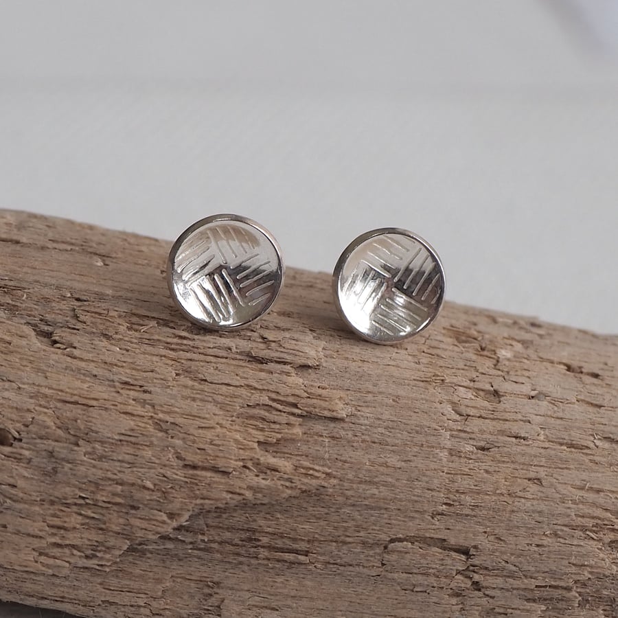 Silver Line Stud Earrings, Domed Silver Studs, Round Silver Earrings