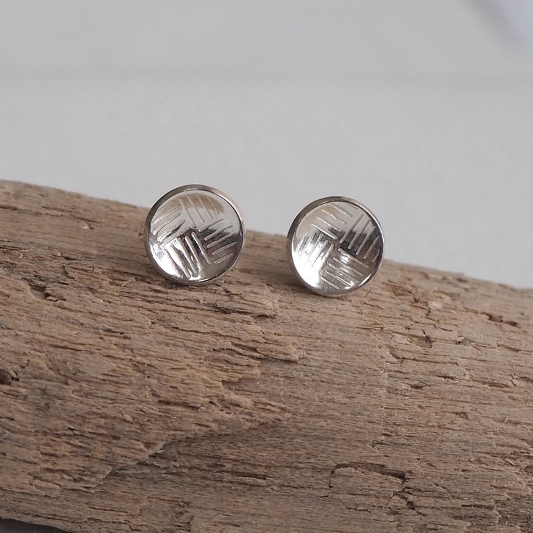 Silver Line Stud Earrings, Domed Silver Studs, Round Silver Earrings