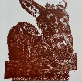Hello Donkey lino print, original hand printed linocut