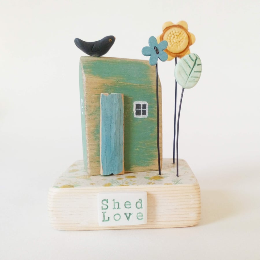 SALE - Garden Shed with Flowers and Blackbird 'Shed Love'