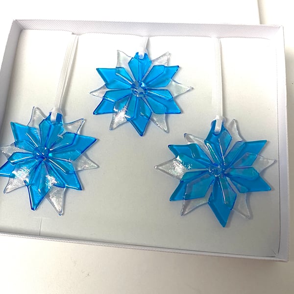 Fused glass turquoise snowflake decorations (set of 3)