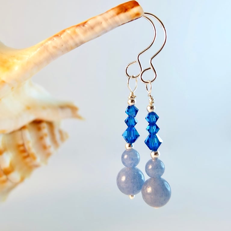 Blue Aventurine Earrings, Swarovski Crystals, Sterling Silver, Handmade In Devon