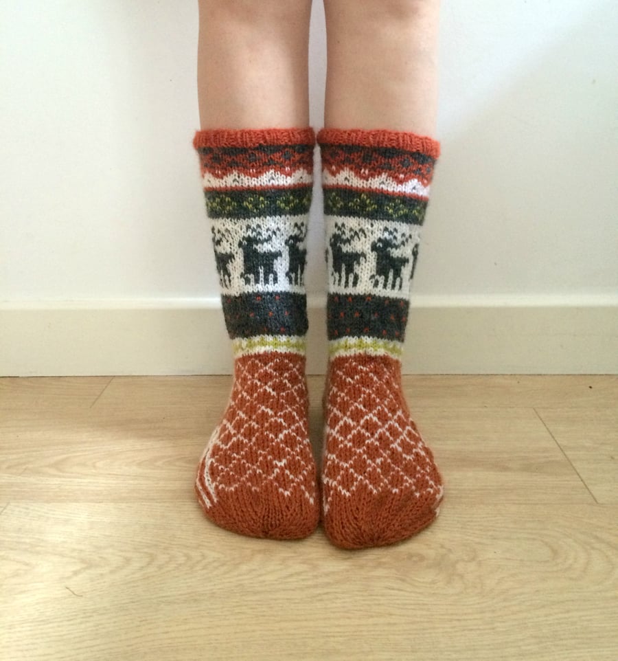 Hand knitted wool socks reindeer colourful winter christmas fairisle nordic