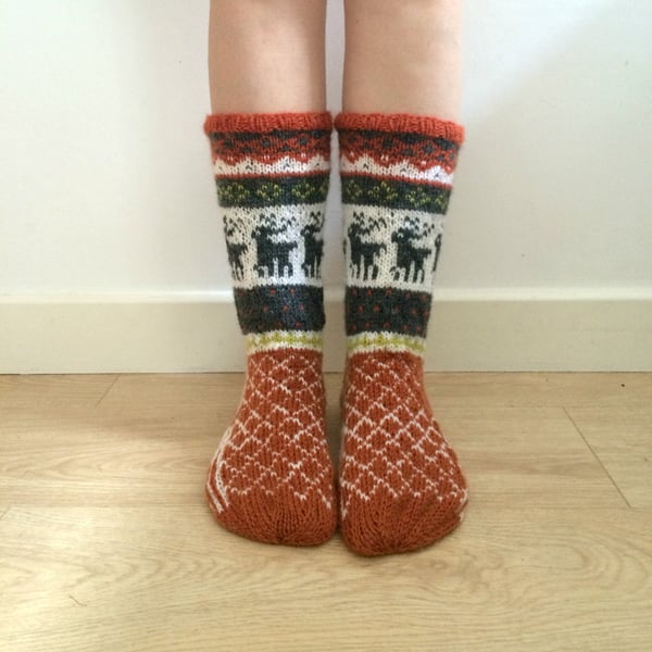 Hand knitted wool socks reindeer colourful winter christmas fairisle nordic