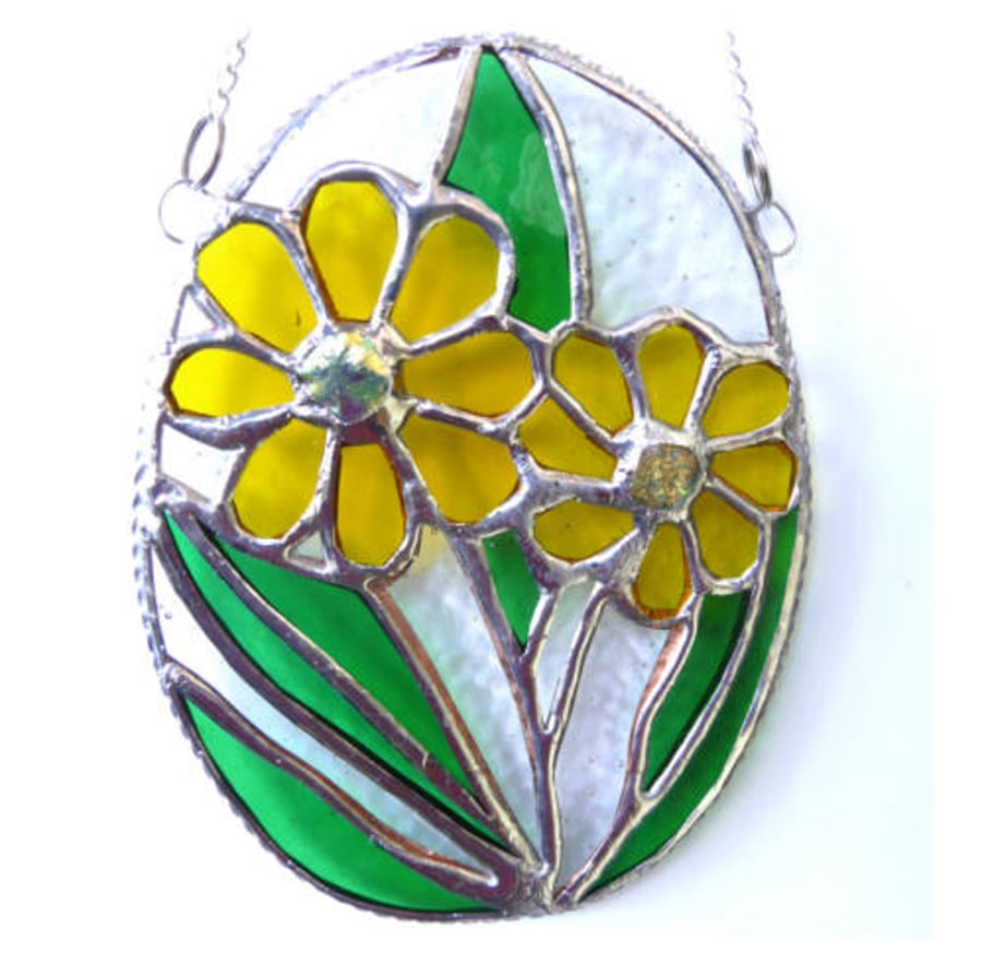 SOLD 251129 T Daisy Oval Stained Glass Suncatcher  Handmade Yellow Flower