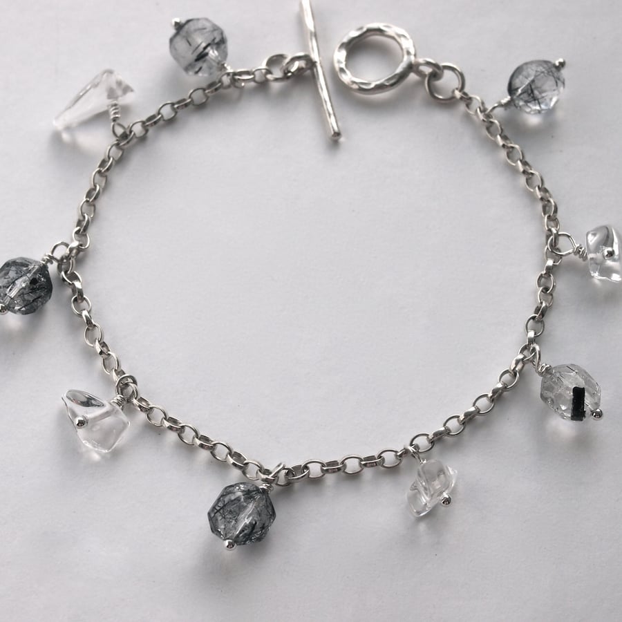 Sterling Silver Chain Bracelet with Quartz Crystal and Rutilated Quartz.