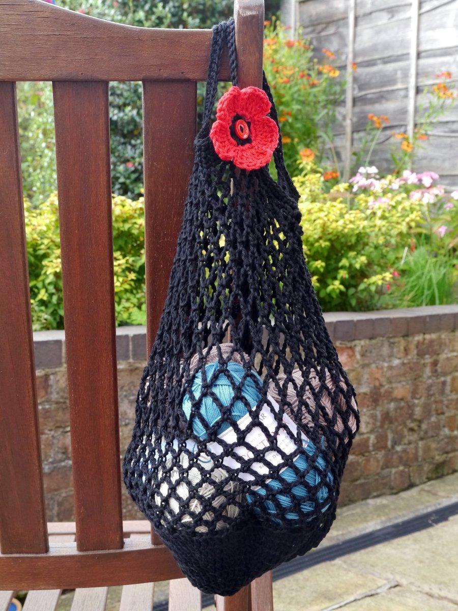 Ethical Cotton Market Bag, Reusable Bag, Crochet Black Bag with Red Poppy