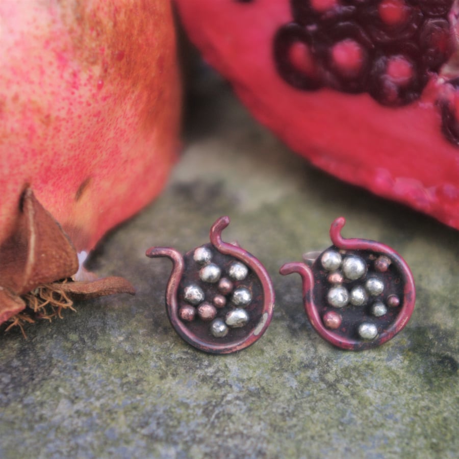 Copper and Silver Pomegranate Stud Earrings