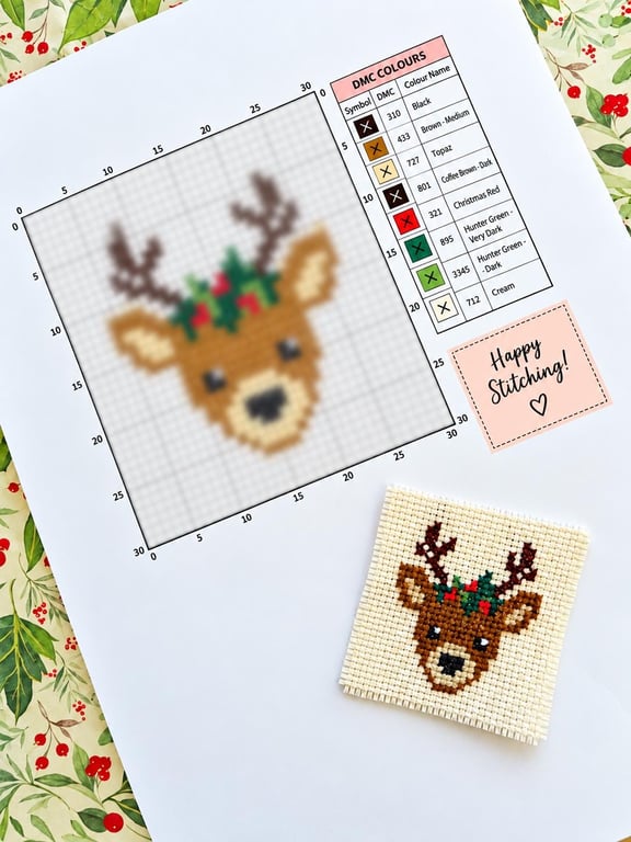 Simple Cute Small Baby Reindeer Christmas Cross Stitch Pattern Chart PDF 