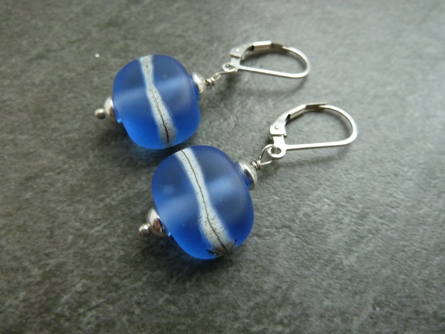 sterling silver lever back earrings, blue lampwork glass