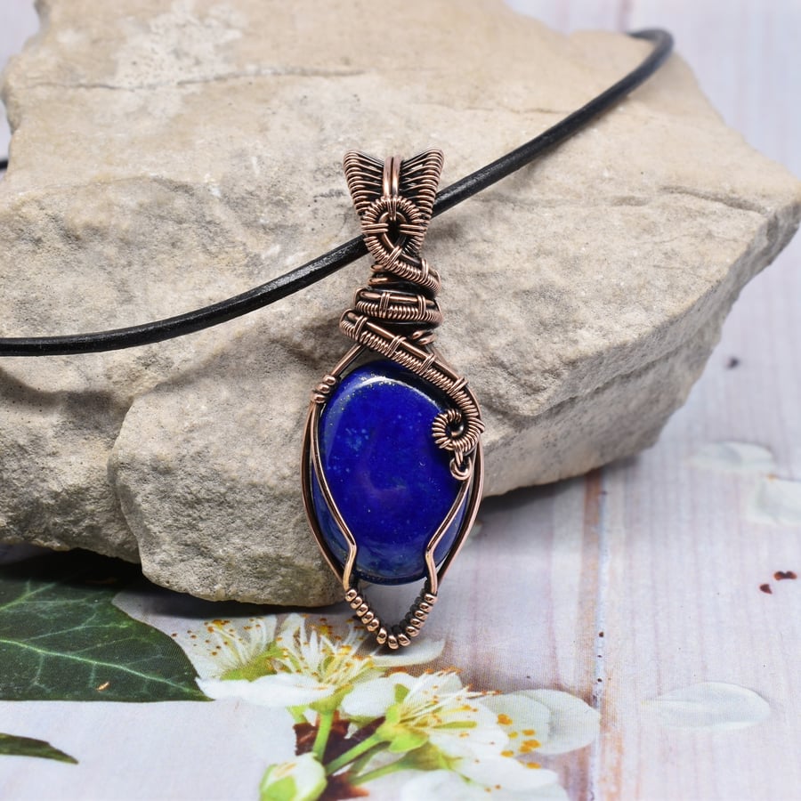 Wire Wrapped Lapis Lazuli and Copper One of a Kind Pendant