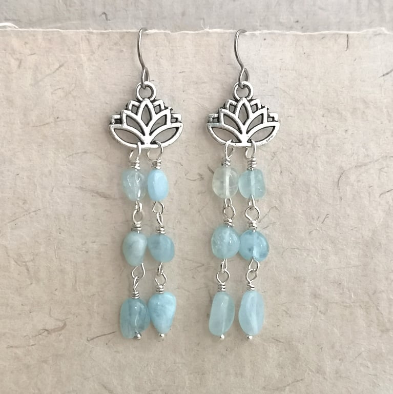 Aquamarine and lotus flower titanium earrings, March birthstone 