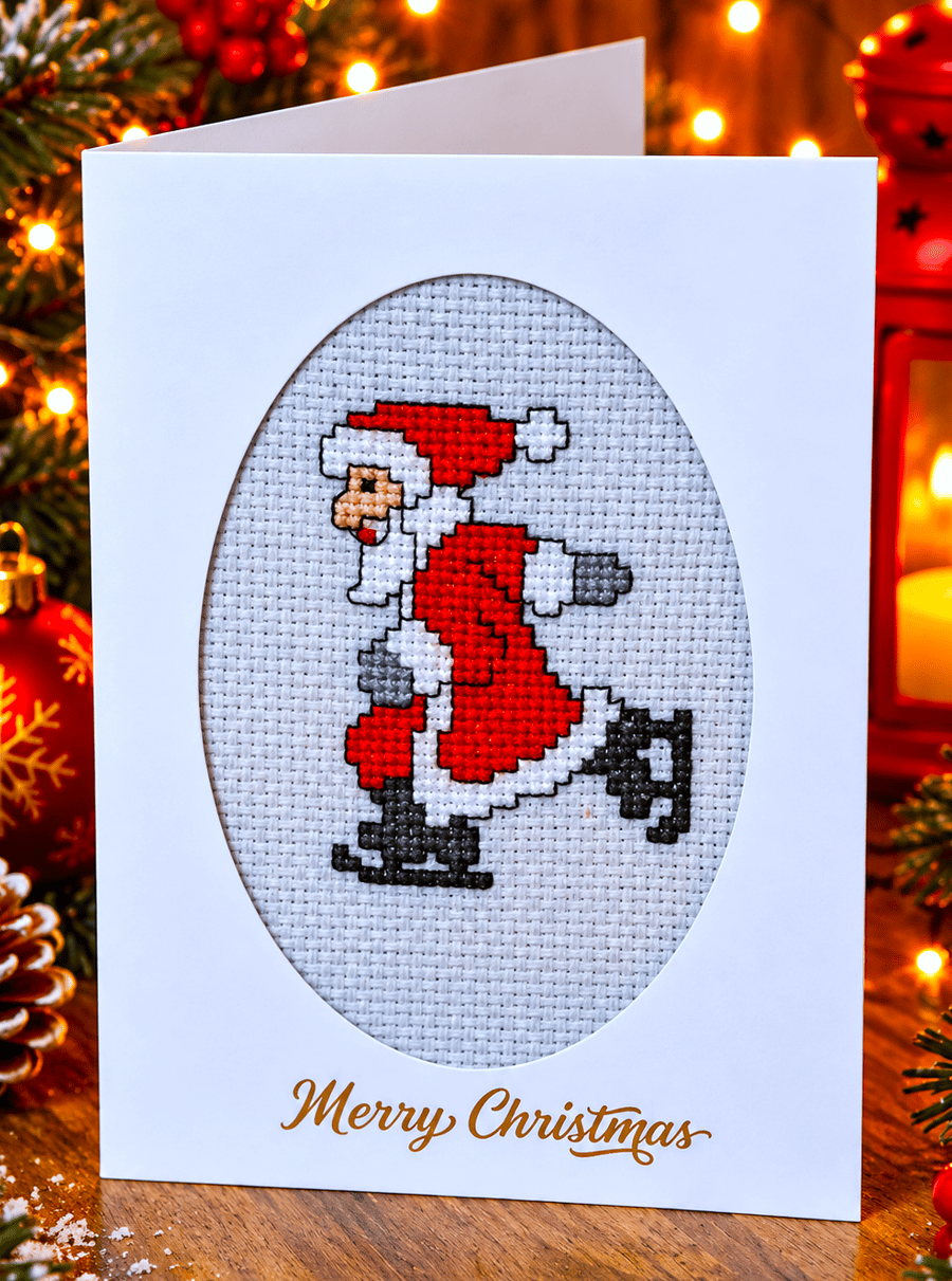 Handmade Cross Stitch Christmas Card – Ice Skating Santa – 6 x 4 Inch