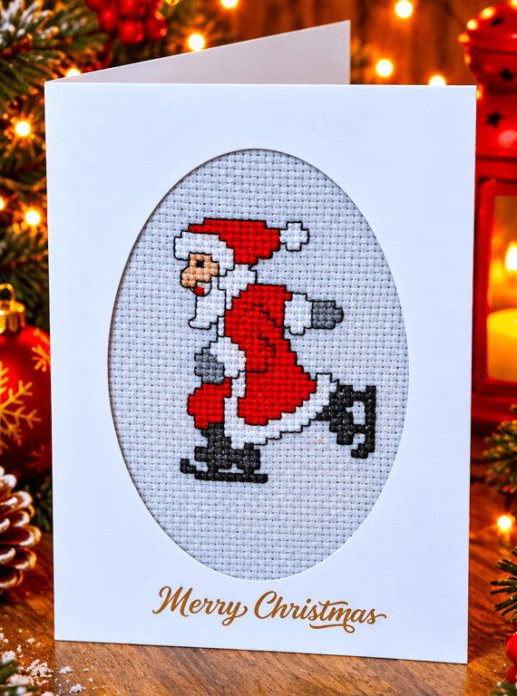 Handmade Cross Stitch Christmas Card – Ice Skating Santa – 6 x 4 Inch
