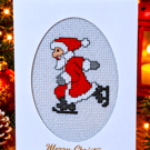 Handmade Cross Stitch Christmas Card – Ice Skating Santa – 6 x 4 Inch