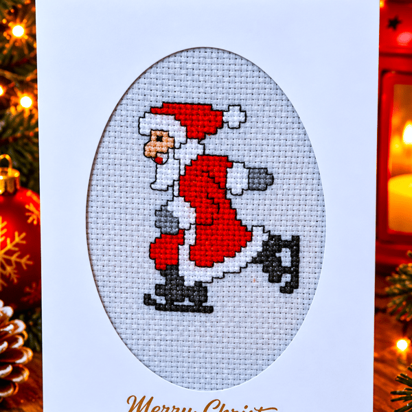 Handmade Cross Stitch Christmas Card – Ice Skating Santa – 6 x 4 Inch