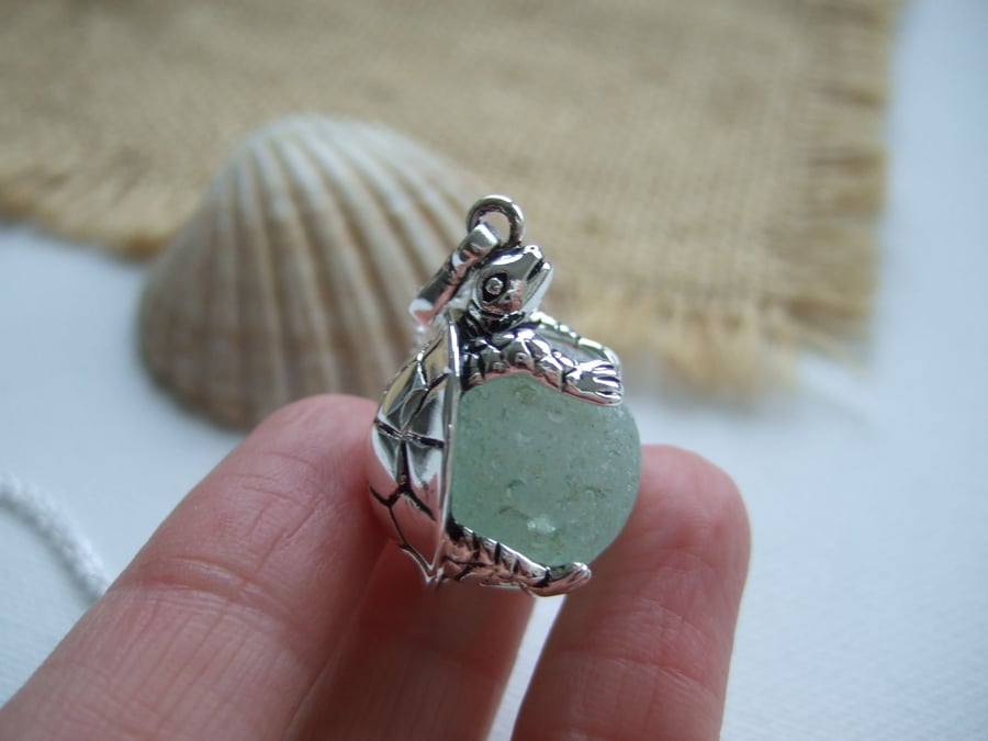 Sea glass marble turtle necklace, silver plated turtle pendant, sea foam
