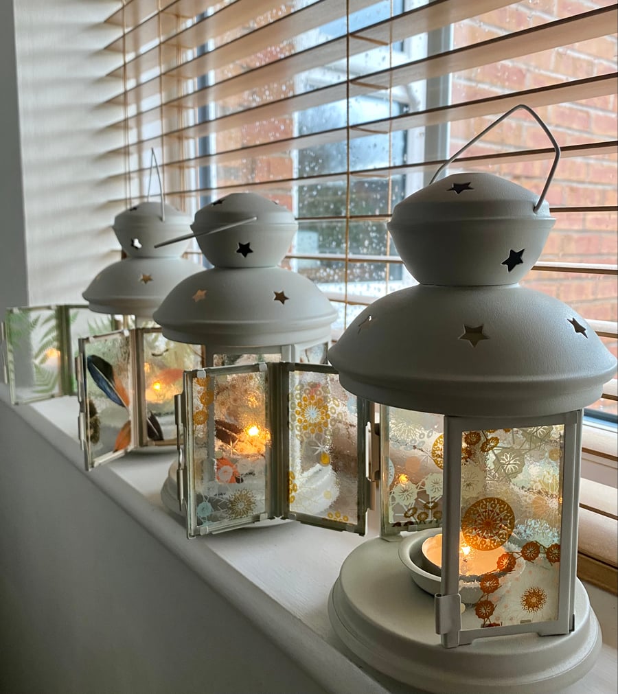 SALE ITEM! Tea-light lantern with decorated glass panels