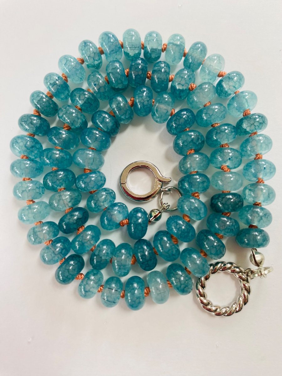 Teal blue cracked glass rondelle hand knotted necklace 
