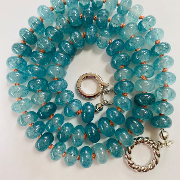 Teal blue cracked glass rondelle hand knotted necklace 