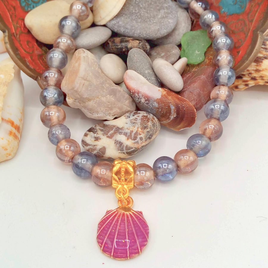 Purple Glass Bead Bracelet With A Purple Enamel Clam Shell Charm, Gift for Her