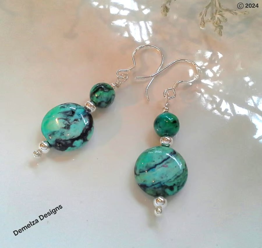 Designer Natural Turquoise Hand Made Sterling Silver Earrings