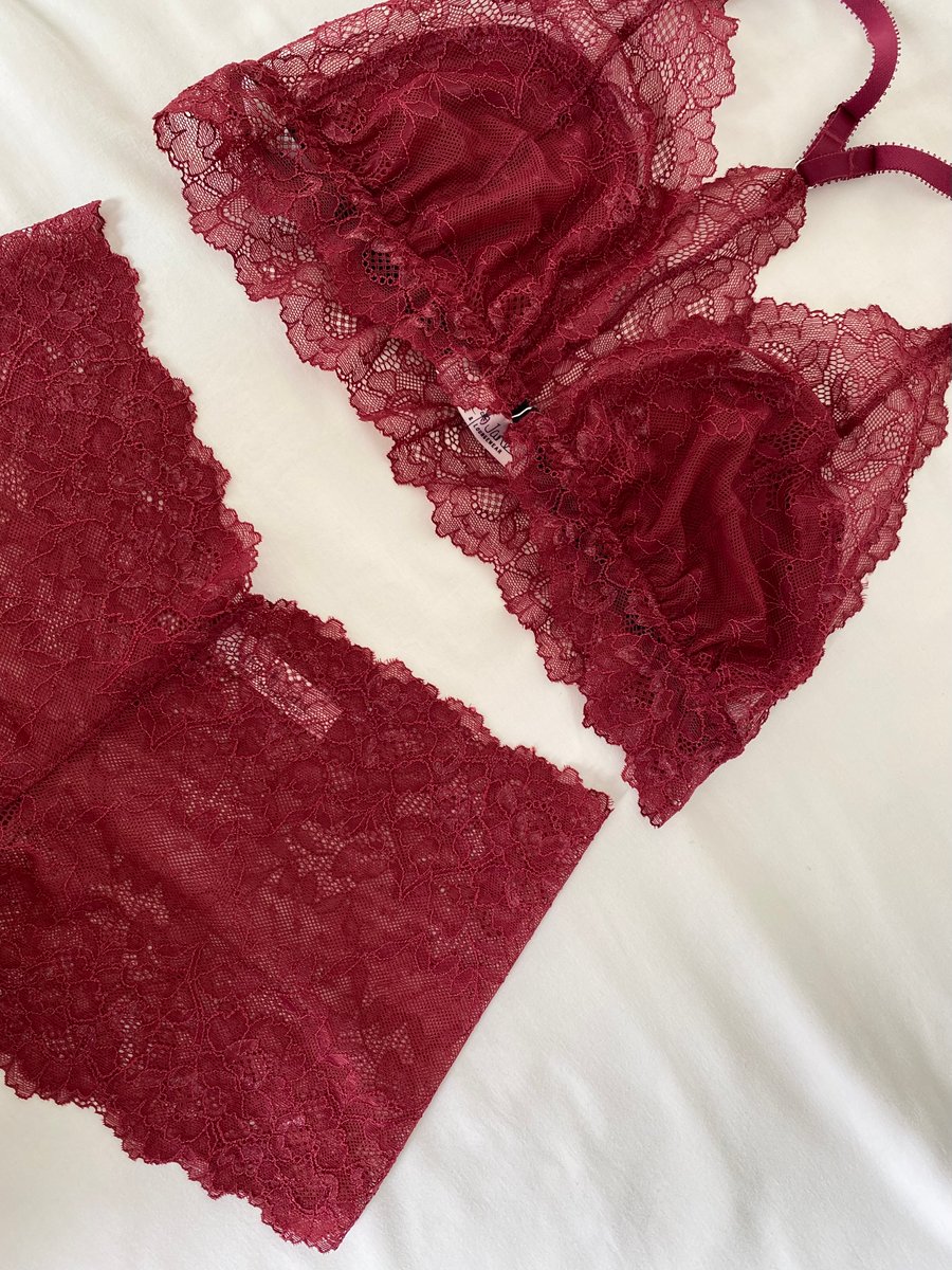 Handmade burgundy red lace racerback bra & high-waisted knicker set