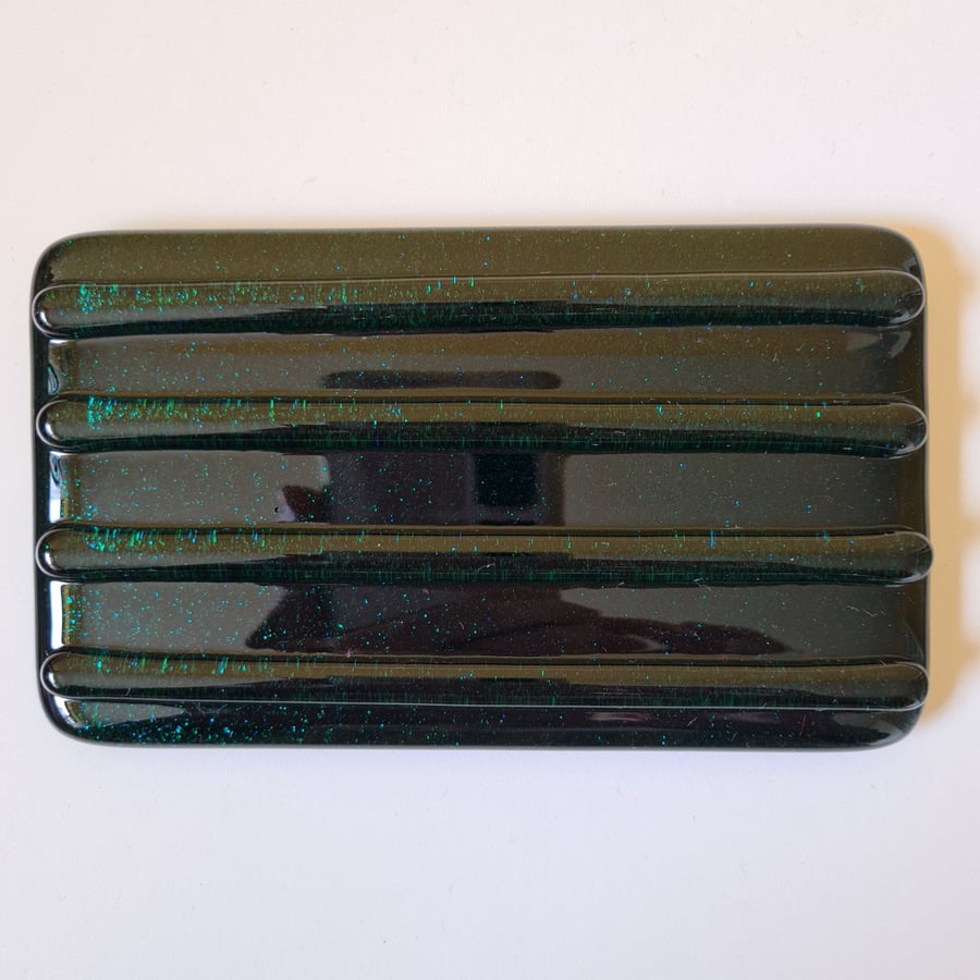 Large teal fused glass soap dish