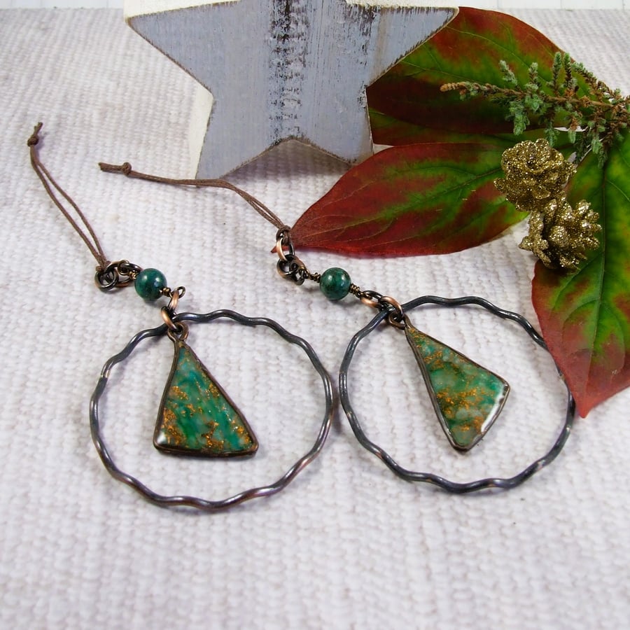 Hanging Decorations,  Copper and Green Marbled Clay with Chrysocolla Gemstone