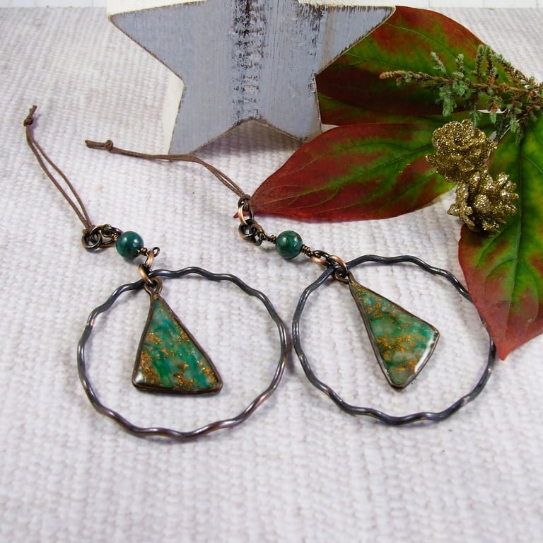 Hanging Decorations,  Copper and Green Marbled Clay with Chrysocolla Gemstone