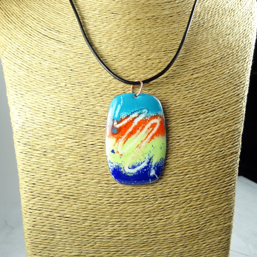 Blue orange yellow glass enamelled copper pendant, leather cord, 51x34mm (0078)