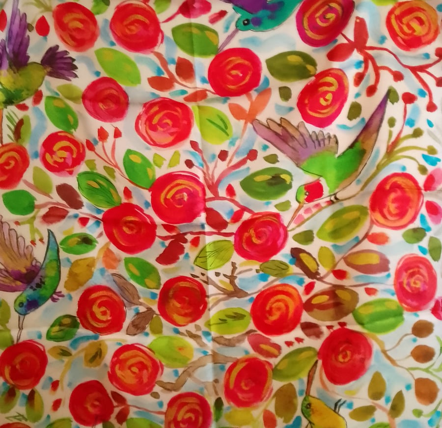 Hummingbirds and Red Roses Silk scarf 90cm x 90 cm