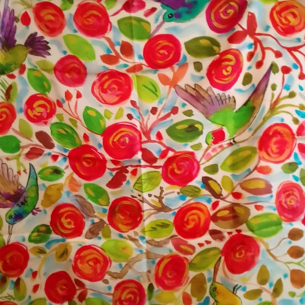 Hummingbirds and Red Roses Silk scarf 90cm x 90 cm