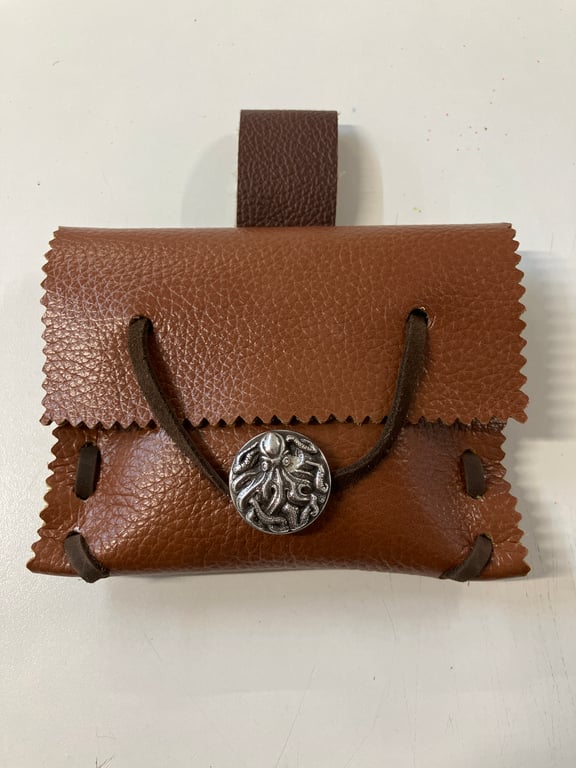 Small Pouch - Brown Leather Medieval Style - Cthulhu Octopus closure FREE SHIP