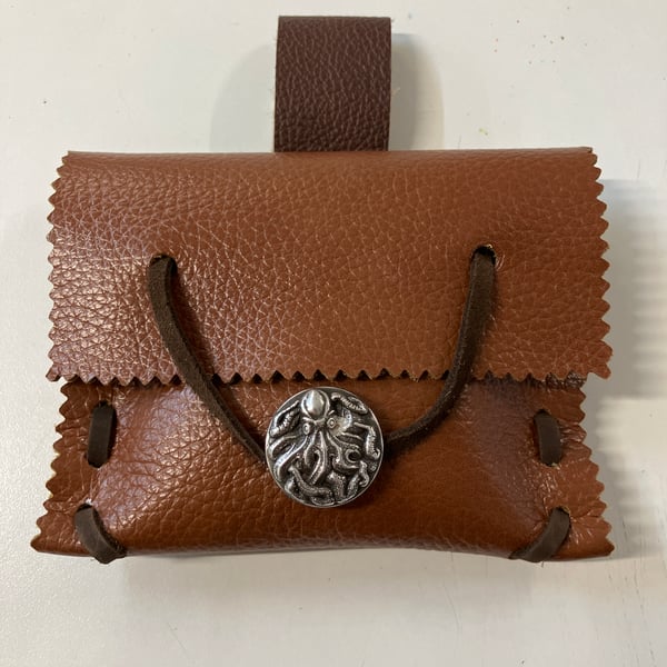 Small Pouch - Brown Leather Medieval Style - Cthulhu Octopus closure FREE SHIP