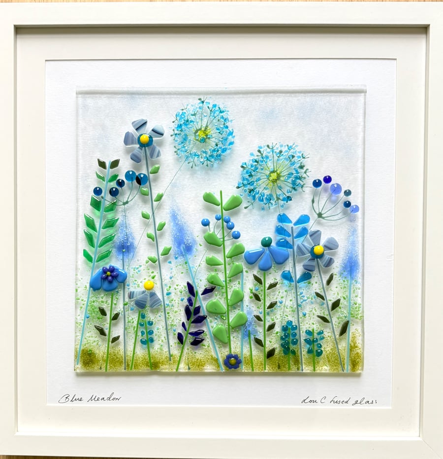 Stunning fused glass blue meadow picture 