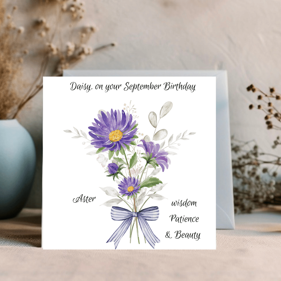 September Birthday Card, personalised, Birth Flower Birthday Card, Aster