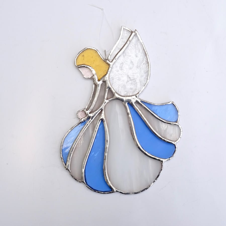 Stained Glass Angel Suncatcher - Handmade Hanging Decoration - White and Blue