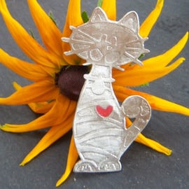Cat coat brooch in etched pewter