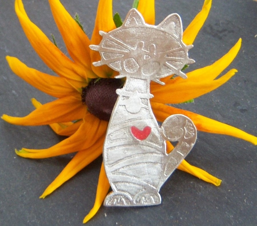 Cat coat brooch in etched pewter