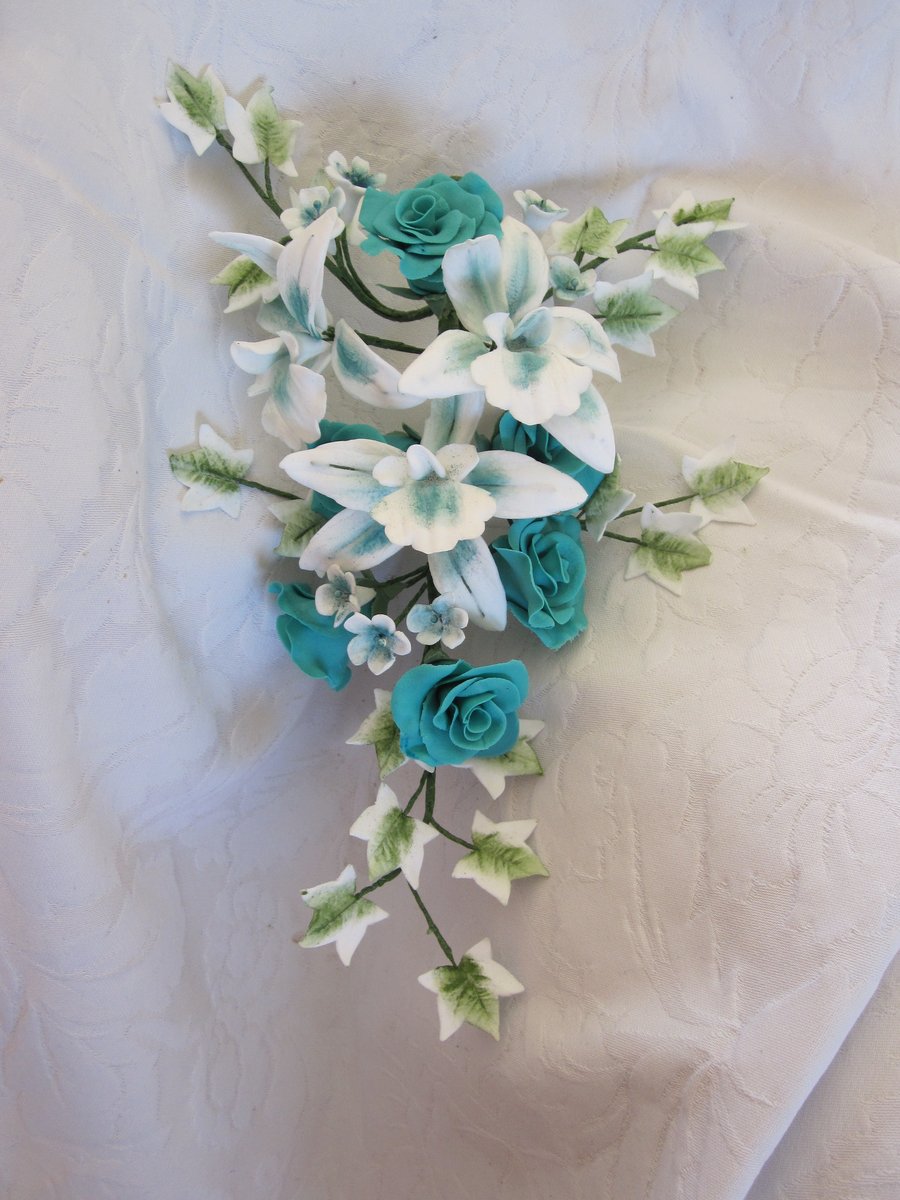 Teal Rose and Orchid Sugar Fower Spray