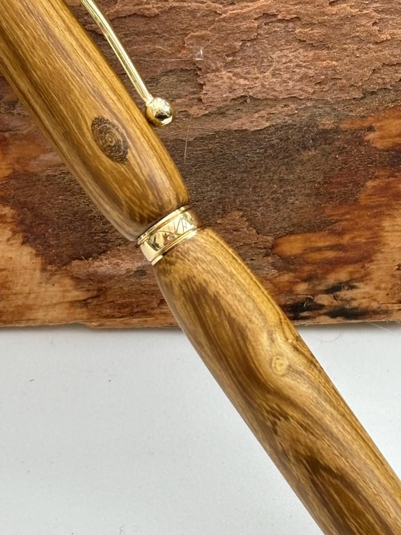 Slimline Ballpoint Pen, Hand Turned - Laburnum Wood with Gold Fittings