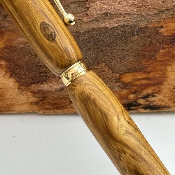 Slimline Ballpoint Pen, Hand Turned - Laburnum Wood with Gold Fittings