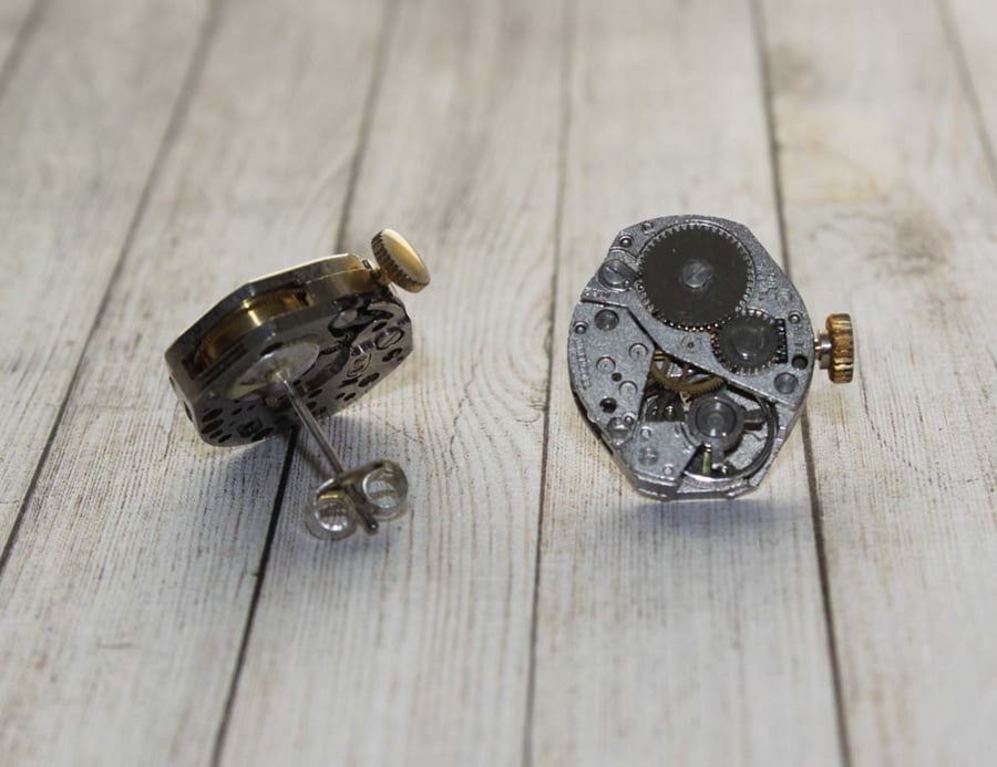 Upcycled Repurposed Steampunk Vintage Watch Part Stud Silver Earrings