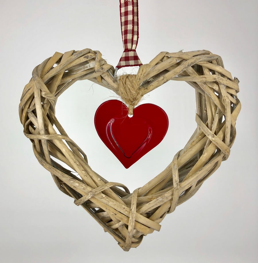 Red Glass & Wicker Hanging Heart on Gingham Ribbon