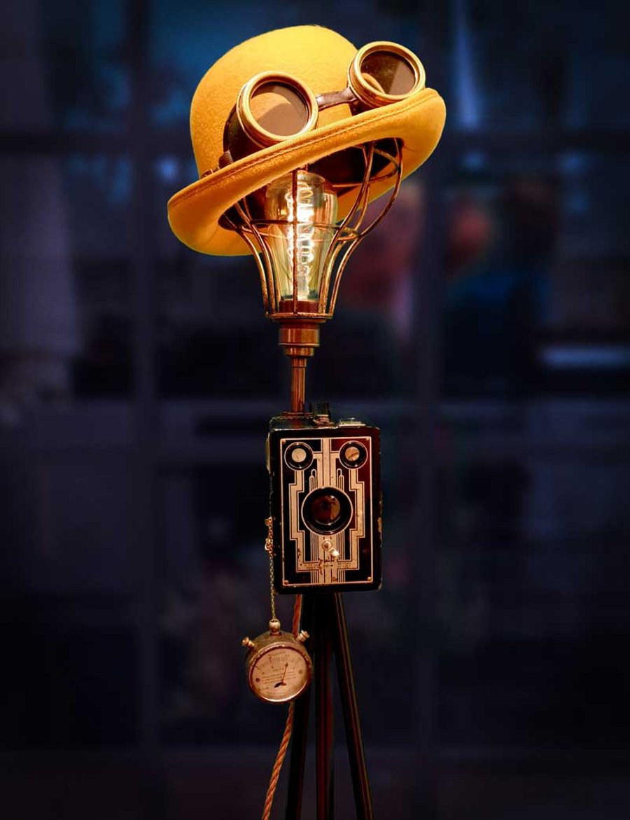 Handmade Upcycled Vintage Art Deco Camera Steampunk Bowler Hat Tripod Lamp