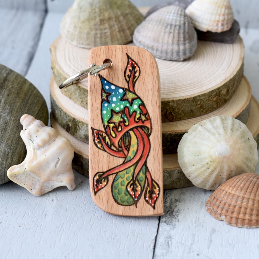 Jellyfish mushroom Seashroom. Pyrography keyring.